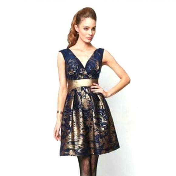 Anthropologie Eva Franco Navy Blue & Gold Tapestry Party Dress sz 2 - Picture 12 of 12